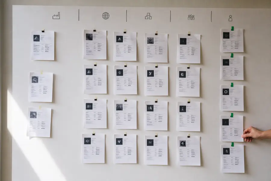 Prospect profiles pinned to a wall, sorted into columns by industry