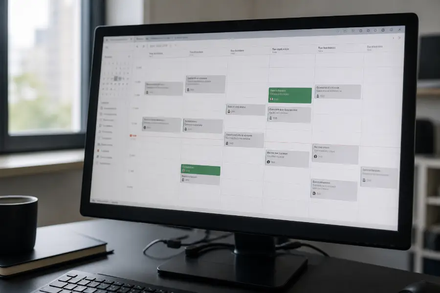 A week of calendar bookings on a monitor, the confirmed meetings in green