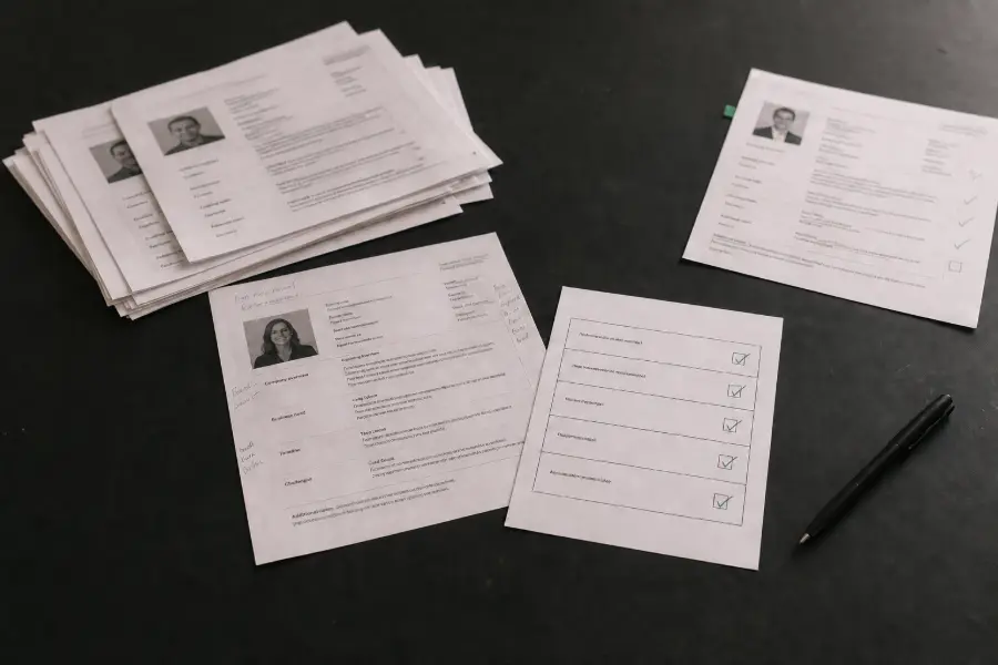 Printed prospect briefs on a desk, checked off against a criteria sheet